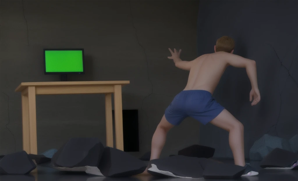 boy standing in room, cracked floor and rocks floating