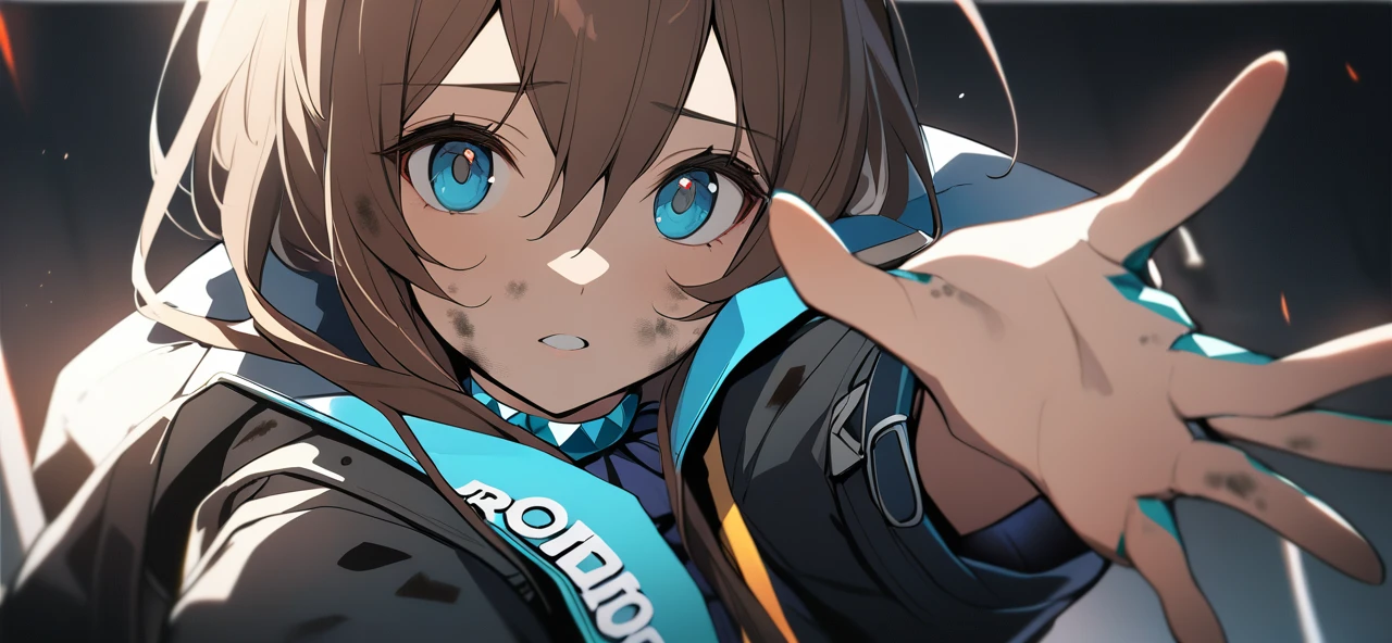 1girl, amiya \(arknights\), arknights, dirty face, outstretched hand, close-up, cinematic angle, foreshortening, dark, dark background, masterpiece, best quality