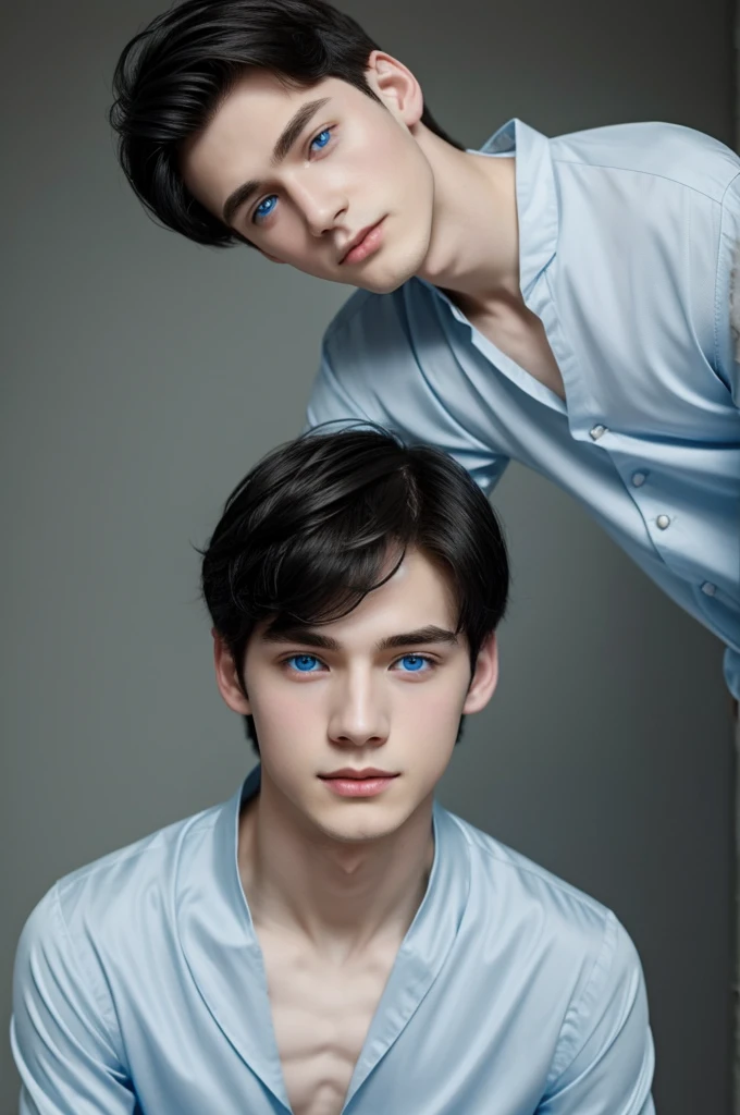 a boy of medium height, delicate and elegant, he has pale skin and beautiful eyes, one light blue and the other blue without forgetting his silky and beautiful black hair