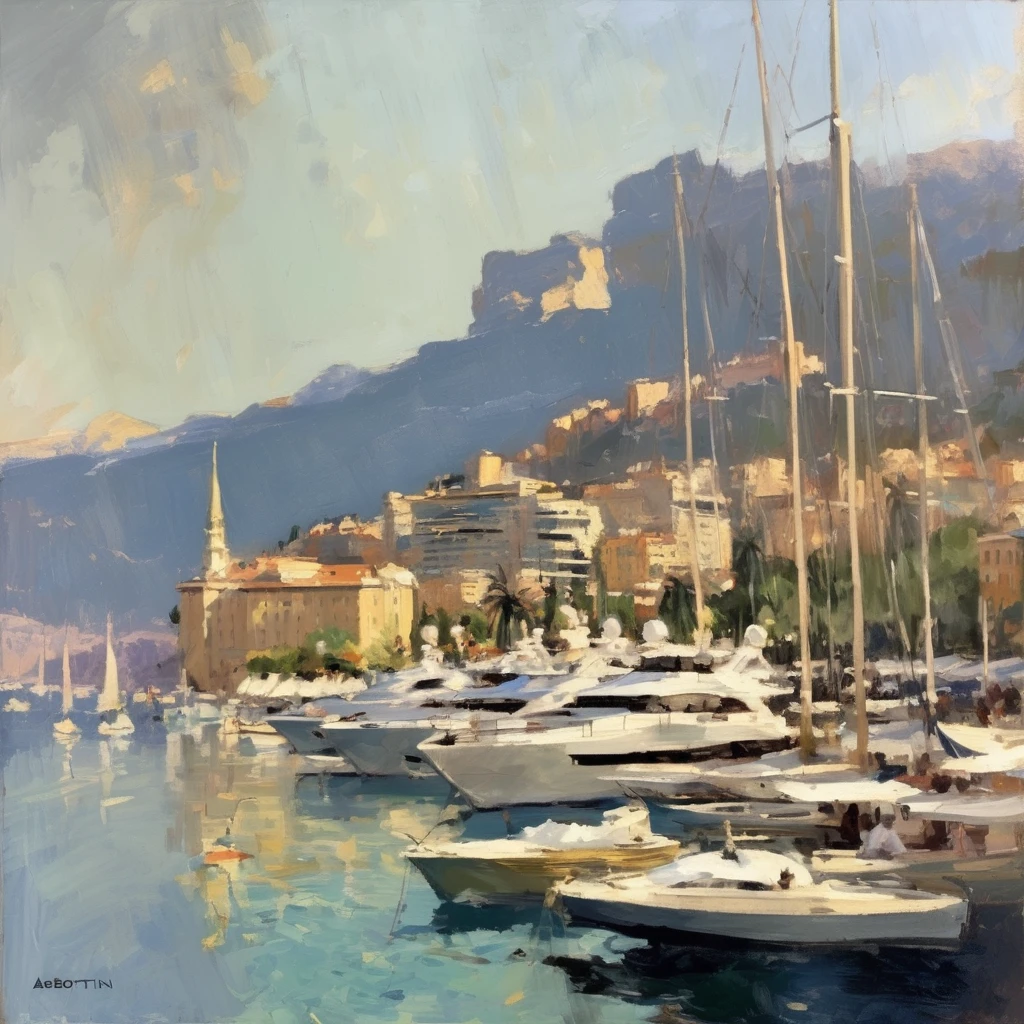 Konstantin Korovin Style - oil painting of a beautiful yacht haven in monaco. Muted colors. Artwork by Abbott Handerson Thayer.