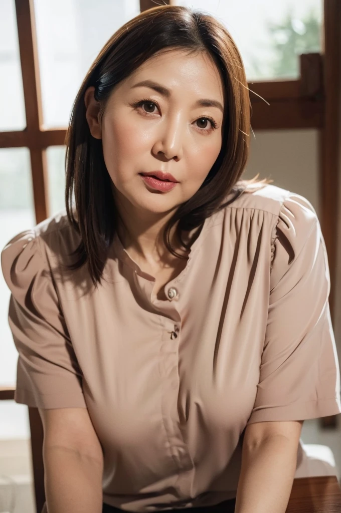 masuter piece, top-quality, ​masterpiece, hight resolution, Photorealsitic, Raw photography, 8k wallpaper, flawless, profetional lighting, ighly detailed, depth of fields,Pale solid color background, ((Japanese mature woman in her 50s)), chubby figure, Female sexy, Detailed face, beautidful eyes, bangss, large full breasts, Light brown straight hair that reaches down to shoulders, Faint lips, ((Stand facing the center of the screen, Staring at the viewer, Serious face)),Business Wear, Feet out of frame, Looking at Viewer, cowboy  shot