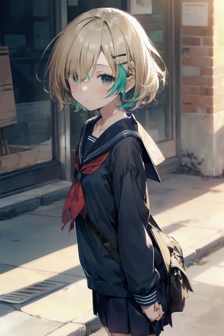 Highest quality, Anime Moe Art Style,Best Anime 8K Konachan Wallpaper,pixiv contest winners,Perfect Anatomy, (Please draw a girl walking sleepily to school... ),break, 1 Girl, (alone,,,:1.3),high school student, short hair, amount, (Hair above one eye:1.7),All limbs, Full Finger,Medium chest, Between the legs, Small eyes,accurate black eyes, Hair Clip, (Sailor suit:1.5),(school uniform:1.5) skirt,On the way to school. break,Very detailed,High resolution,Ultra-dense skin, Professional Lighting,8k eye detail, (Cute illustrations:1.2),blonde,blonde hair,Expressionless,(Hair on one eye:1.5),Sailor suit