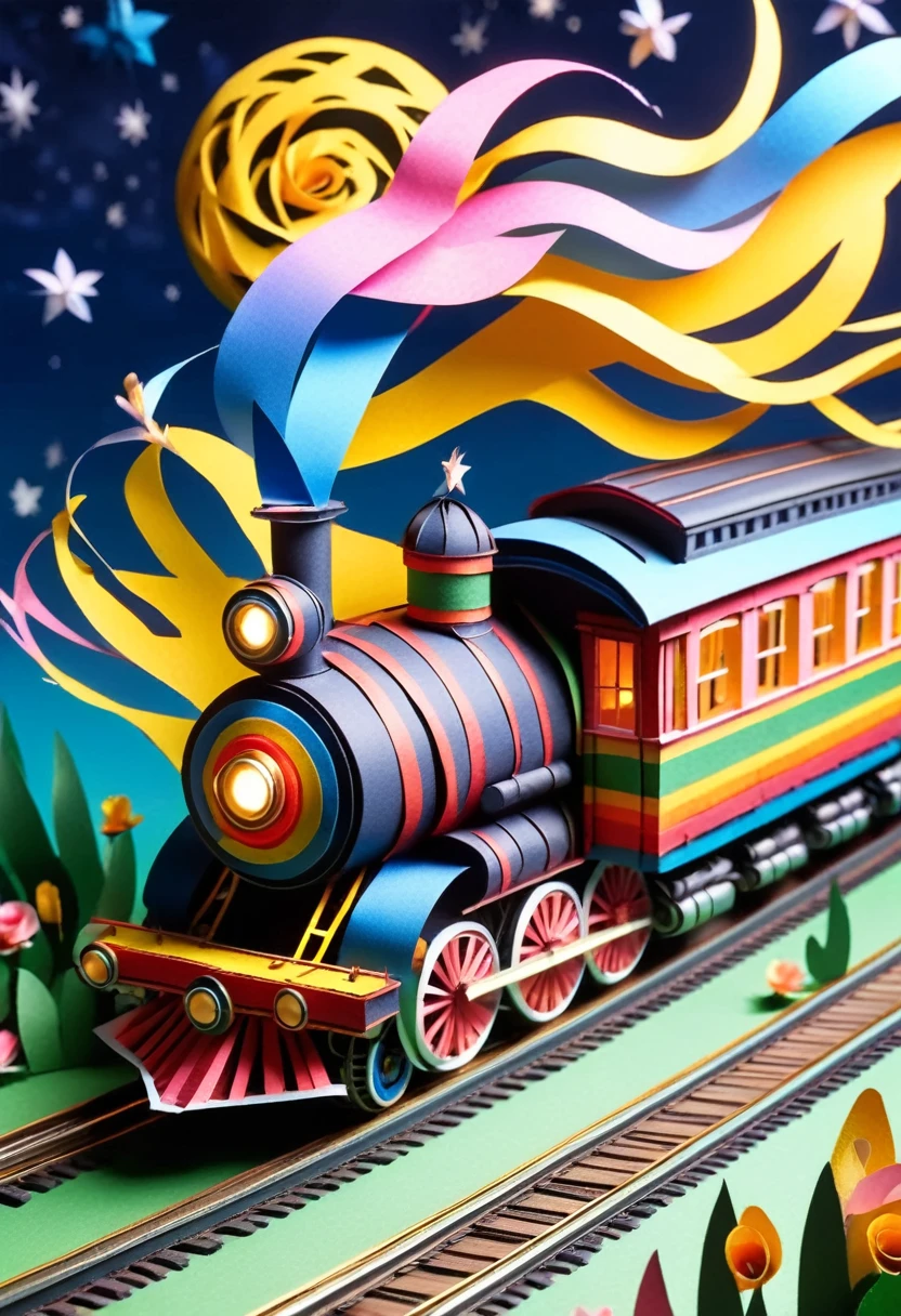 A fantastic vehicle that combines a steam locomotive and a tram. Delicate paper art. Three-dimensional. Colorful, delicate and beautiful curves. Wonderful. Night sky. Stars. Moon. Flowers. A world of fantasy.
Railroad tracks floating in the night sky.
Old American steam locomotive.
There is one chimney.