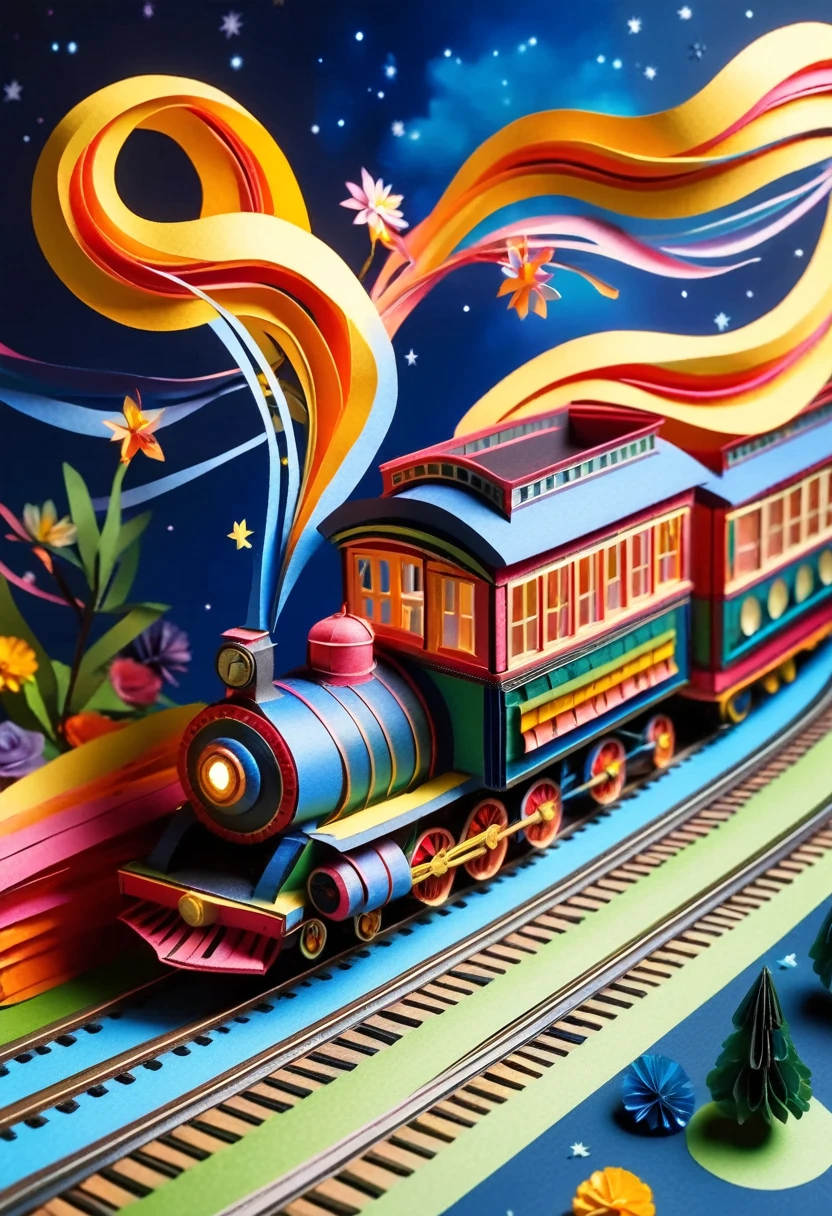 A fantastic vehicle that combines a steam locomotive and a tram. Delicate paper art. Three-dimensional. Colorful, delicate and beautiful curves. Wonderful. Night sky. Stars. Moon. Flowers. A world of fantasy.
Railroad tracks floating in the night sky.
Old American steam locomotive.
There is one chimney.