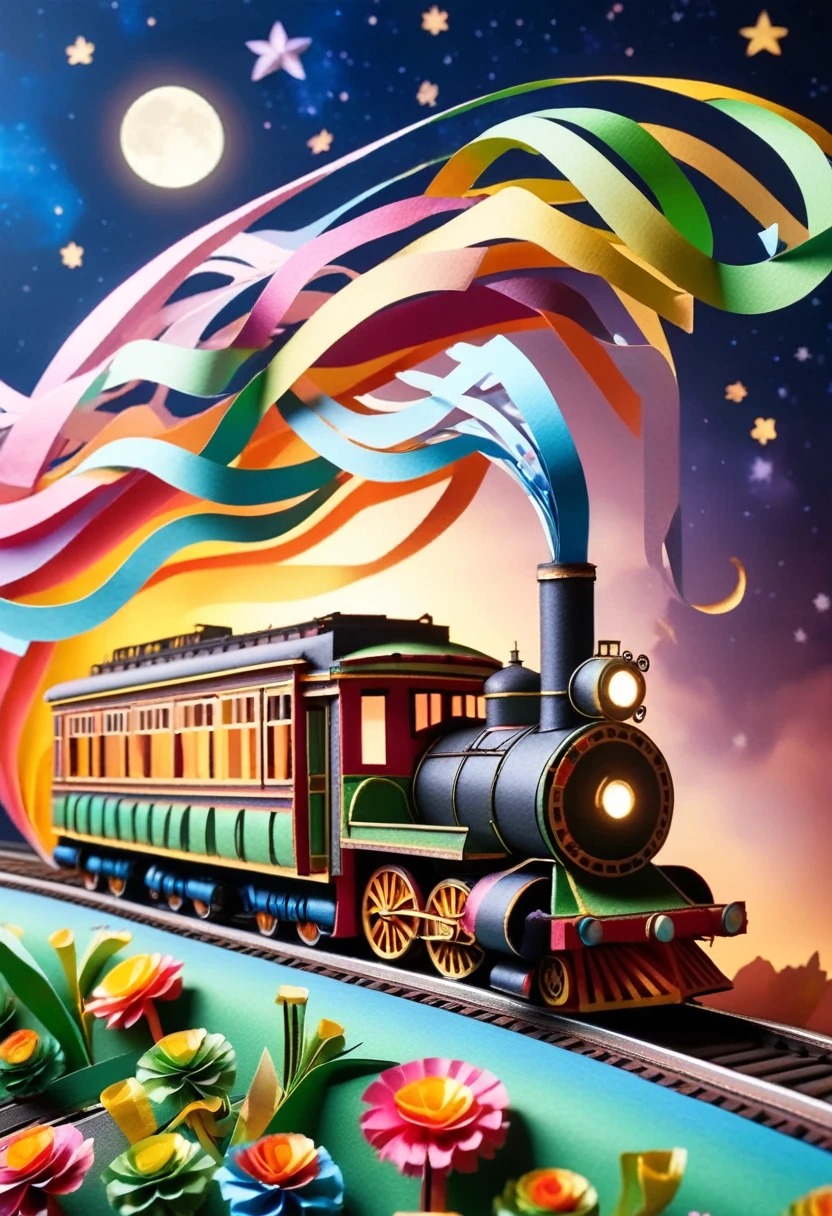 A fantastic vehicle that combines a steam locomotive and a tram. Delicate paper art. Three-dimensional. Colorful, delicate and beautiful curves. Wonderful. Night sky. Stars. Moon. Flowers. A world of fantasy.
Railroad tracks floating in the night sky.
Old American steam locomotive.
There is one chimney.