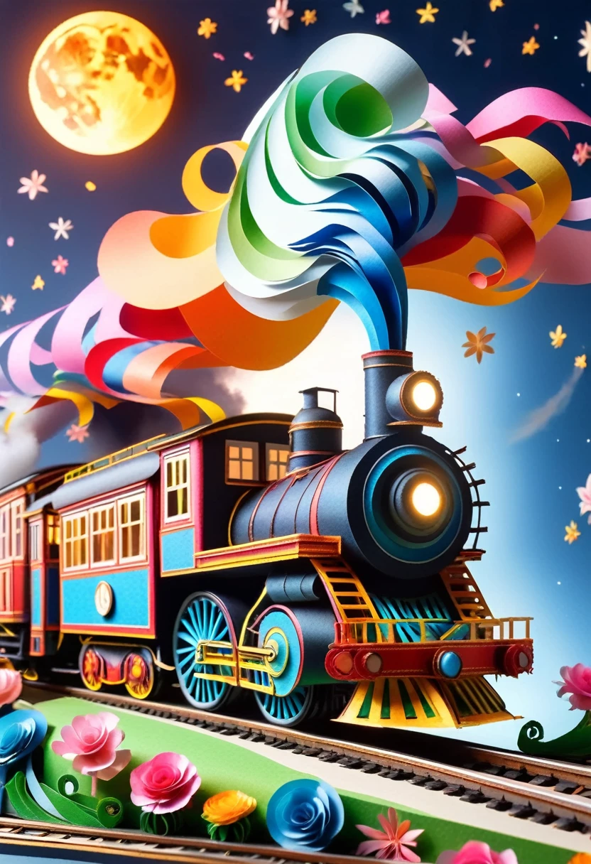 A fantastic vehicle that combines a steam locomotive and a tram. Delicate paper art. Three-dimensional. Colorful, delicate and beautiful curves. Wonderful. Night sky. Stars. Moon. Flowers. A world of fantasy.
Railroad tracks floating in the night sky.
Old American steam locomotive.
There is one chimney.