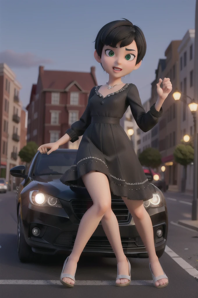 create a beautiful girl with short black hair, green eyes, 16 years old, medium breasts, wearing a black dress, in disney pixar style 3d render, cute anime face, full body, driving a luxurious car, view from inside the car, in a busy street at night