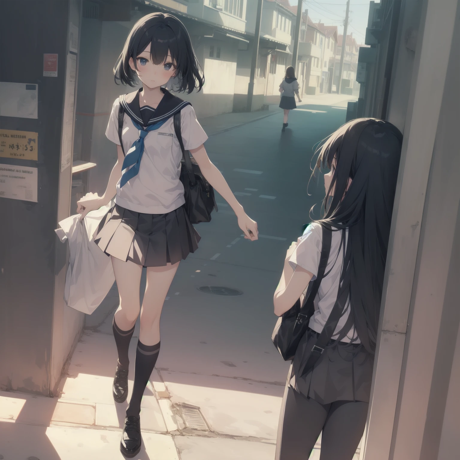 ultra-absurdres-Top quality by artist God, ultra-detailed, high resolution, anime moe artstyle, best anime 8k konachan wallpaper, pixiv contest winner, pool:2810, perfect anatomy,break, 1girl, (Please draw a girl walking sleepily to school alone. )break,(Solo,little female, 13-year-old:1.3),Full limbs, complete fingers,a junior high school student, (very short hair), short cut, flat chest, , small butt, small black eyes, beautiful detailed eyes, well-proportioned iris and pupils, expressive eyes, highres detailed hair, soft expression, salor school_uniform, sailor collar, serahuku, bow, pleated skirt,(Detailed Lighting), (Detailed background), in the School commute route. break,super detailed skin, Best cinematic lighting powered by famous artist, 8k,beauty illustration,photoshop_(medium),very aesthetic,break,((artist:saiguchi_otoufu )), artist:clamp ,artist:carnelian ,artist:kantoku ,