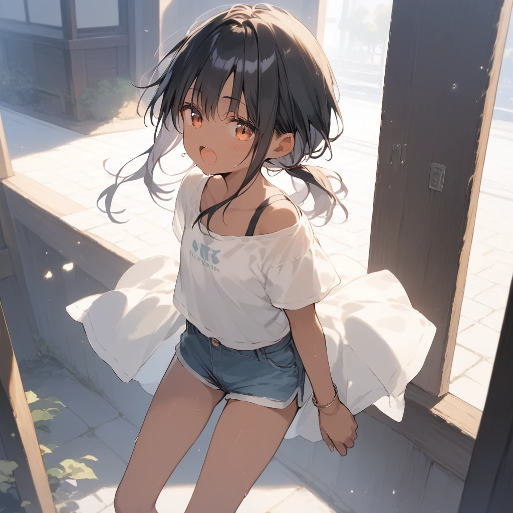 score_9, score_8_up, score_7_up, source_anime, best quality, masterpiece, official art, absurdres, highres, ultra-detailed,waifu2x,Collection: Slice of Life,break,1girl, tomboy, dark-skinned female, short hair, low ponytail, flat chest, beautiful detailed eyes, short shorts, sweat, open mouth, (yawn:0.3), sleepily, outdoors, wind, break,(clear line illustration:1.2),very high resolution, very aesthetic, super detailed skin, Best sexual lighting powered by famous artist, 8k,cute picture,beauty illustration,photoshop_(medium),,(Detailed Lighting),best anime 8k konachan wallpaper, pixiv contest winner,
