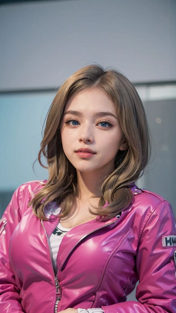 1girl, (Blue eyes), (Smile), (Sana Minatozaki), wide hips, Big , big ass, (Best Quality, 8k, Masterpiece: 1.3), perfect hands, Clear Focus: 1.2, Perfect Body Beauty: 1.4 , Slender Abs: 1.2, Highly detailed face and skin texture, detailed eyes, double eyelids, (close up), (blonde long hair :1.1), (black cleavage t-shirt and pink jacket :1.3), (white jeans :1.2), standing, dynamic pose, (view from up), in a tokyo neighborhood illuminated with signs