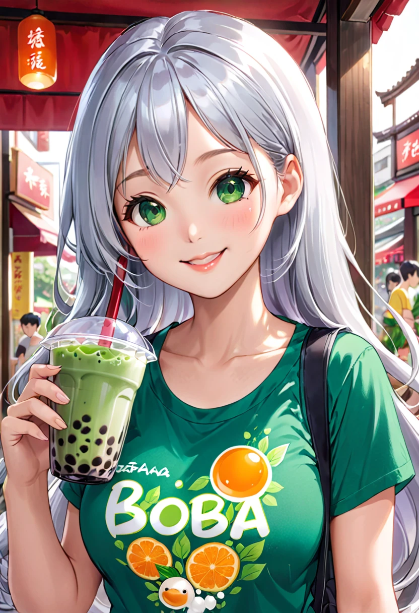 Pretty asian woman, bright silver hair, long hair, green eyes,  tshirt, perfect face, busty, drinking boba tea, anime style, smiling