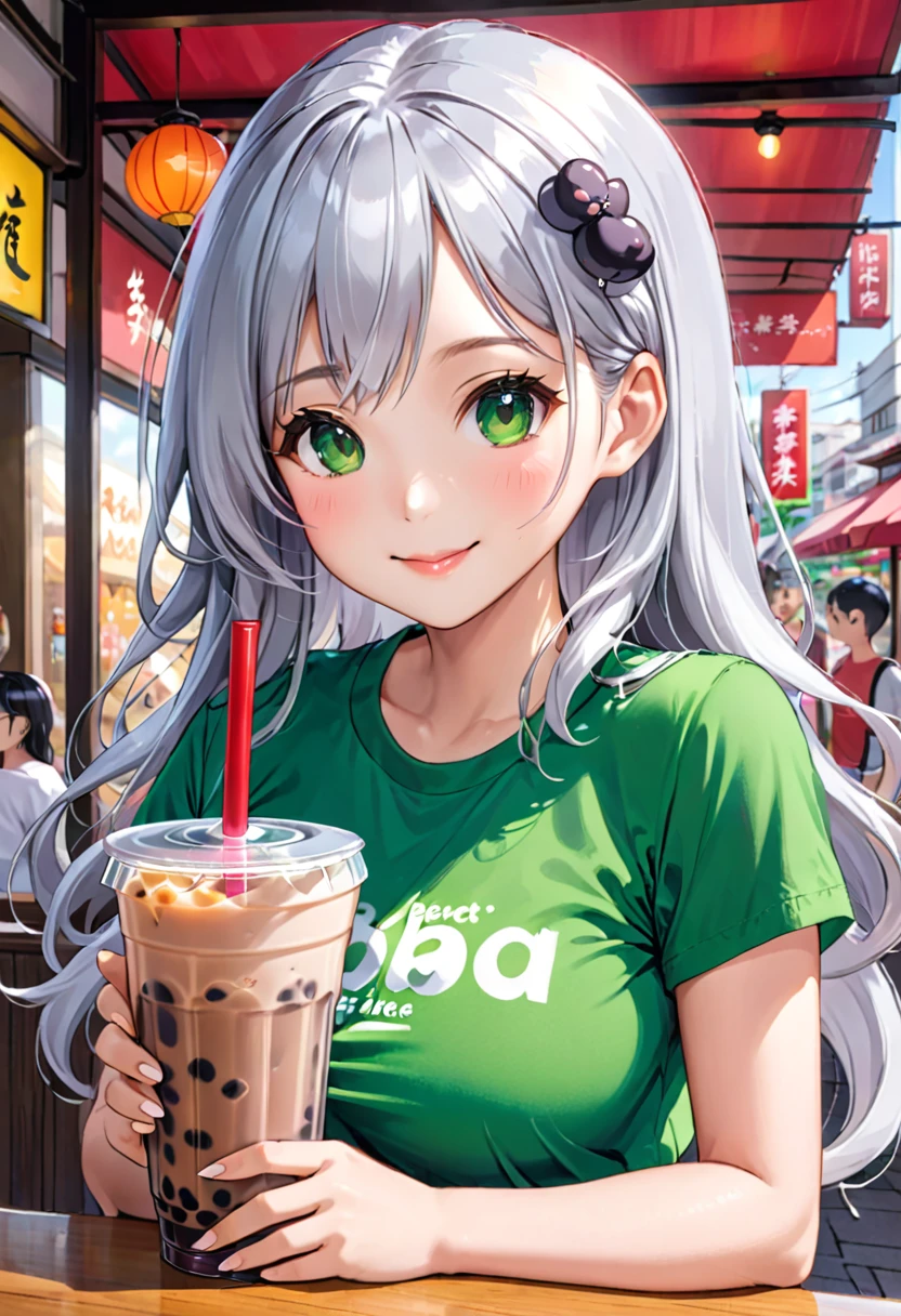 Pretty asian woman, bright silver hair, long hair, green eyes,  tshirt, perfect face, busty, drinking boba tea, anime style, smiling