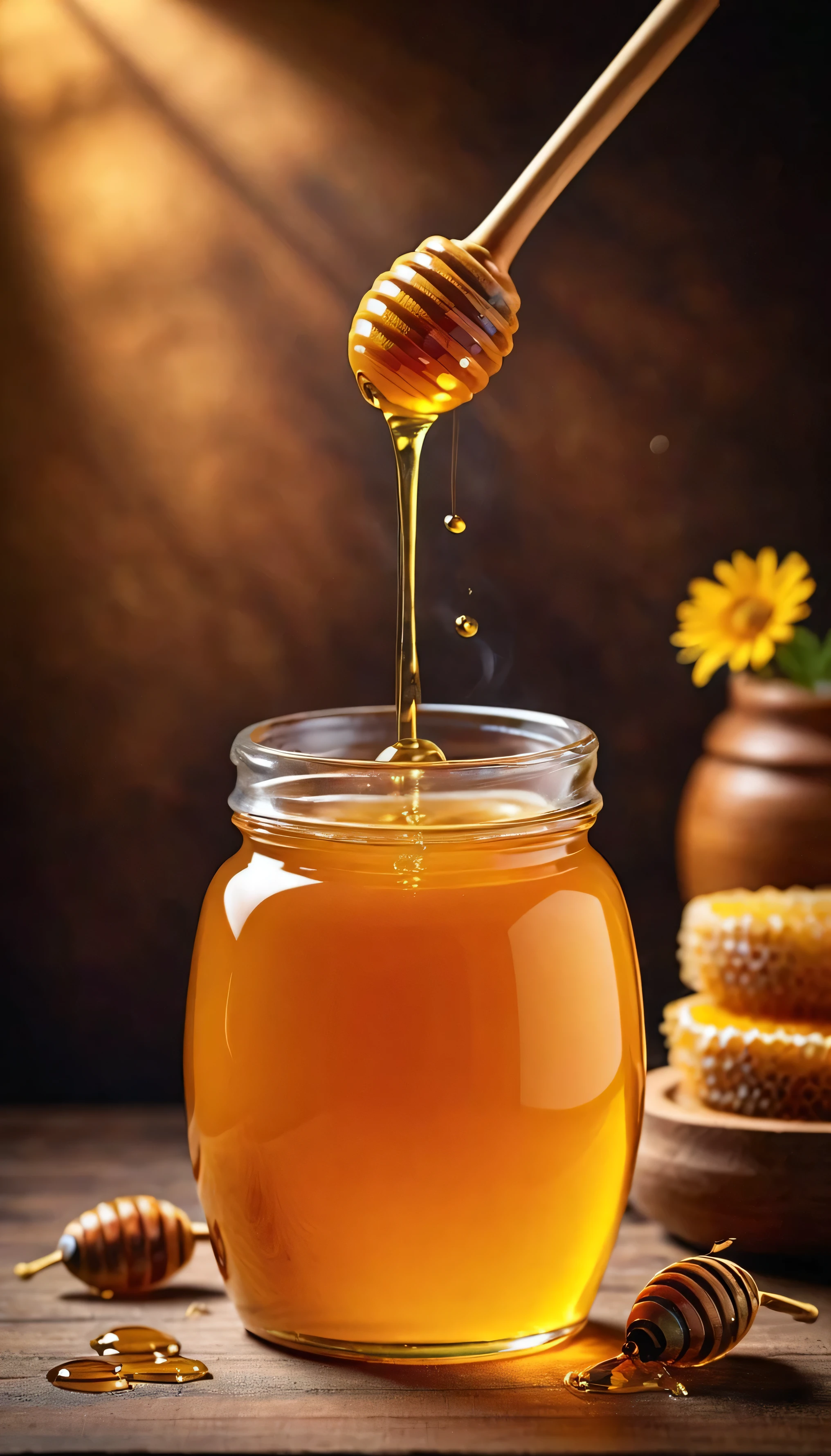 Create a clear, high-resolution image of a transparent honey jar suitable for use as an advertising poster background. Detailed specifications for the image:

resolution: the image must be in high resolution, with at least 300 dpi to ensure print quality.
format: Preferably in format 16:9 ou 4:3, with minimum dimensions of 4000x3000 pixels.
focusing: The honey pot must be perfectly focused, with extreme clarity in the details of the pot and honey.
composition: Center the jar of honey in the image, but leave enough space around it to allow for adding text and other graphic elements to the poster.
fund: Use a neutral background, like a light wooden surface or a white marble table, to highlight the honey pot without distracting attention.
lighting: Lighting should be soft and natural, avoiding harsh shadows. Use soft side light to highlight the texture and color of the honey.
angle: Capture the photo from a slightly elevated angle (about 30-45 degrees) to show the surface of the honey inside the pot and the shape of the pot itself.
Additional Detail: Make sure the jar of honey has a visible lid and the honey inside the jar has a viscous, shiny appearance, reflecting light attractively.
enviroment: The environment must convey a feeling of artisanal quality, with attention to detail and a rustic touch.