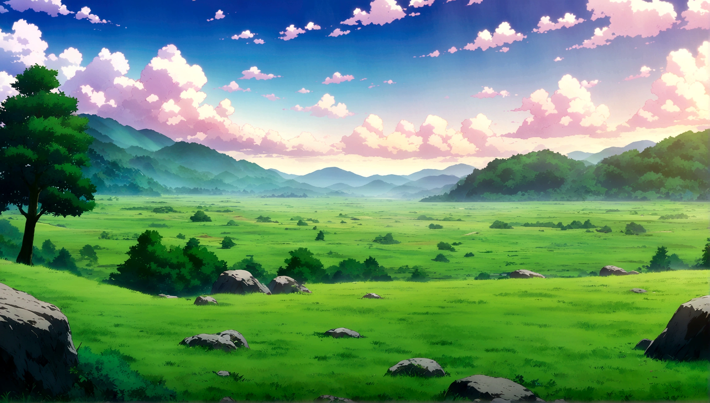 
anime - style painting of a tree in a grassy field with rocks, anime countryside landscape, anime landscape, anime landscape wallpaper, anime background art, beautiful anime scenery, anime background, anime beautiful peace scene, anime scenery, anime movie background, anime nature, anime scenery concept art, colorful anime movie background, beautiful anime scene, anime scene, beautiful landscape background