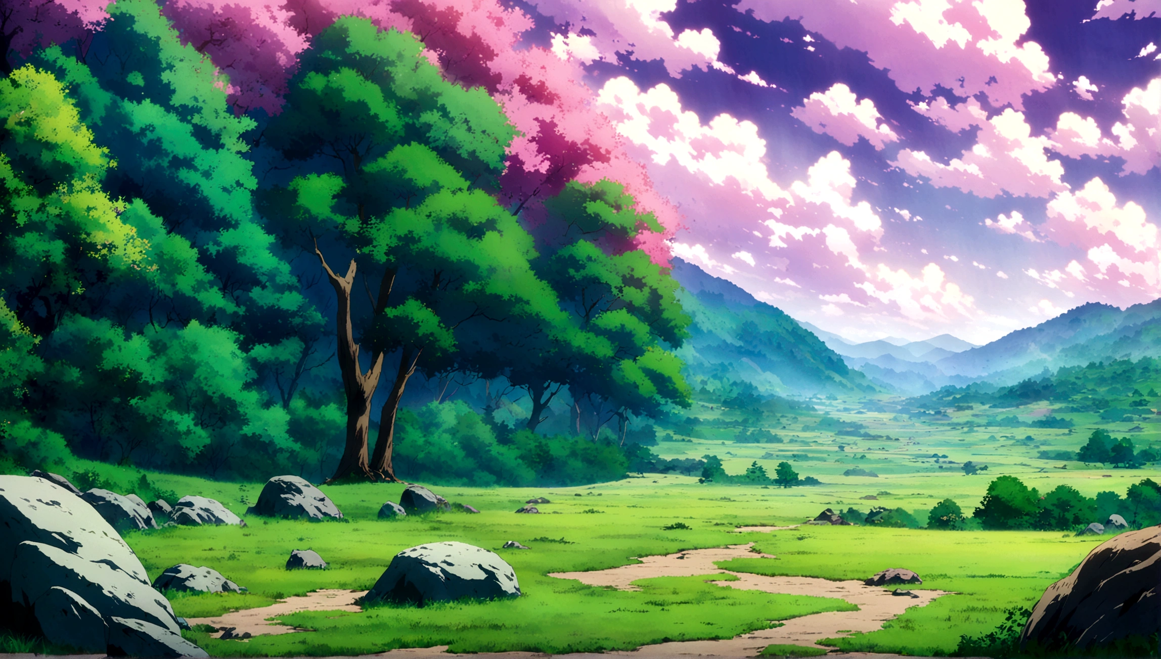 
anime - style painting of a tree in a grassy field with rocks, anime countryside landscape, anime landscape, anime landscape wallpaper, anime background art, beautiful anime scenery, anime background, anime beautiful peace scene, anime scenery, anime movie background, anime nature, anime scenery concept art, colorful anime movie background, beautiful anime scene, anime scene, beautiful landscape background