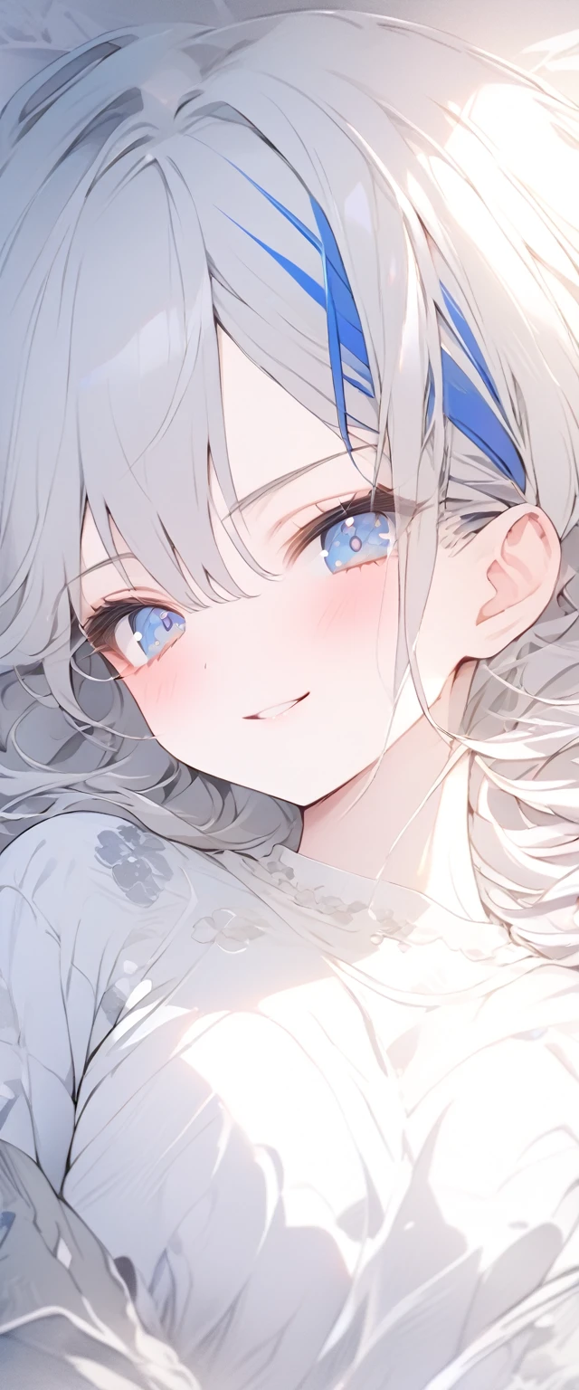 beautiful, masterpiece, Highest quality, anime, One girl, C Cup,Portrait Shot, View your viewers, Covered、Medium Hair、nearby、Blue Eyes、art、、White hair,Blue streaked hair、wallpaper、Smirking face、Thighs、Cute、bed、white_Body tights、Lying on your back、
