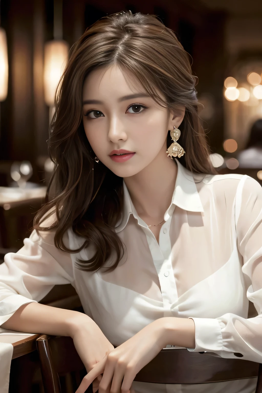 masterpiece, Highest quality, Realistic, Very detailed, Finer details, High resolution, 8k wallpaper, One beautiful woman, Wear an elegant see-through shirt, In a great restaurant, At night, Light brown messy hair, Perfect dynamic composition, Beautiful and beautiful eyes、Big earrings、Sit on a chair、