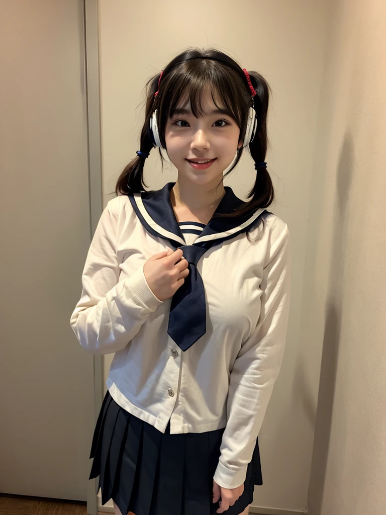 best quality, masterpiece, realistic, photorealistic, 1girl, solo, looking at viewer, smile, standing, full body, arms at side, cosplay, BLACK hair, twintails, hair ornament, very short hair, headphones, alternate costume, , sailor collar, shirt, long sleeves, necktie, skirt, pleated skirt, white thighhighs, loafers, simple background, Japanese women、24-years-old、The background is a pure white room、Singing on a microphone、No bangs、The chest is very small、Short pigtails