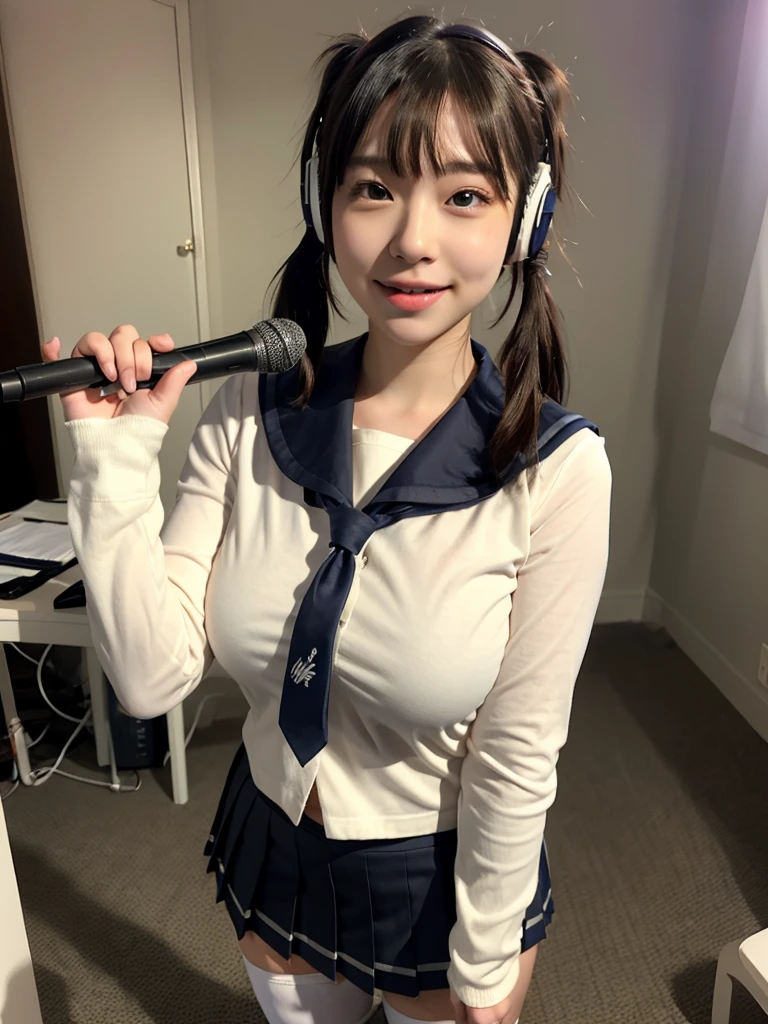 best quality, masterpiece, realistic, photorealistic, 1girl, solo, looking at viewer, smile, standing, full body, arms at side, cosplay, BLACK hair, twintails, hair ornament, very short hair, headphones, alternate costume, , sailor collar, shirt, long sleeves, necktie, skirt, pleated skirt, white thighhighs, loafers, simple background, Japanese women、24-years-old、The background is a pure white room、Singing on a microphone、No bangs、The chest is very small、Short pigtails