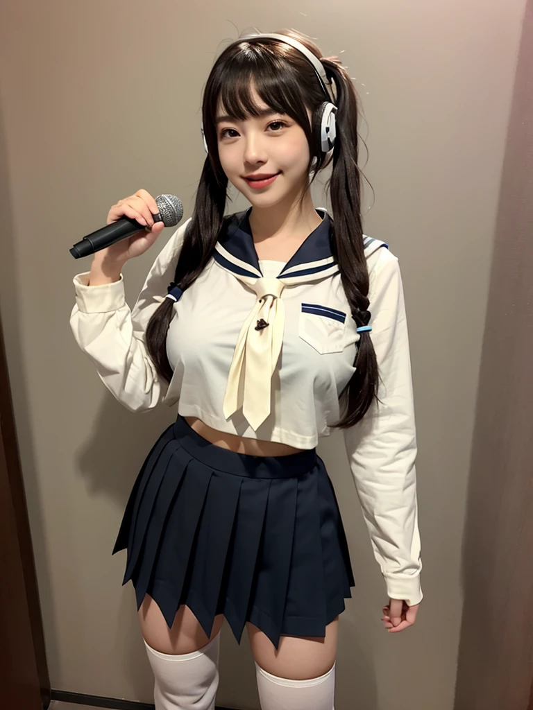 best quality, masterpiece, realistic, photorealistic, 1girl, solo, looking at viewer, smile, standing, full body, arms at side, cosplay, BLACK hair, twintails, hair ornament, very short hair, headphones, alternate costume, , sailor collar, shirt, long sleeves, necktie, skirt, pleated skirt, white thighhighs, loafers, simple background, Japanese women、24-years-old、The background is a pure white room、Singing on a microphone、No bangs、The chest is very small、Short pigtails