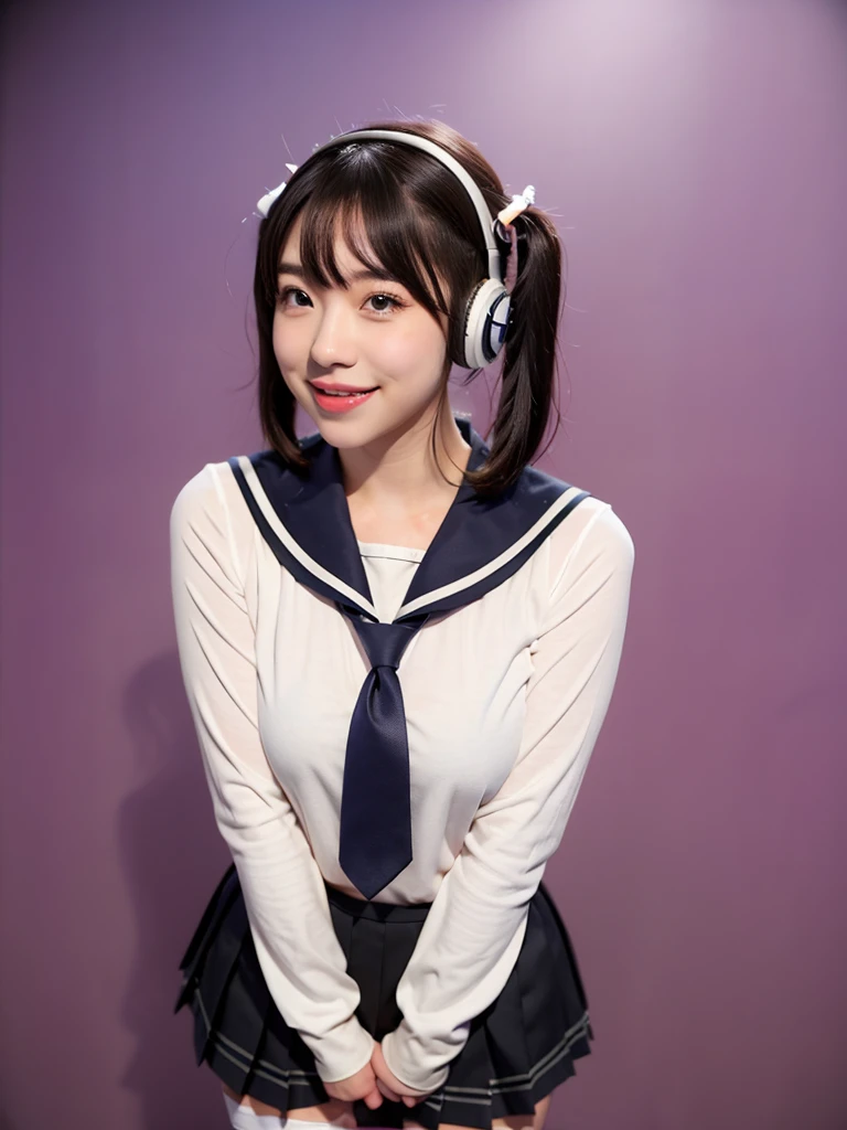 best quality, masterpiece, realistic, photorealistic, 1girl, solo, looking at viewer, smile, standing, full body, arms at side, cosplay, BLACK hair, twintails, hair ornament, very short hair, headphones, alternate costume, , sailor collar, shirt, long sleeves, necktie, skirt, pleated skirt, white thighhighs, loafers, simple background, Japanese women、24-years-old、The background is a pure white room、Singing on a microphone、No bangs、The chest is very small、Short pigtails