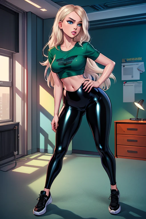 ((Solo)) ((Masterpiece)) ((High Quality)) ((Full Body)) ((Gwen Stacy)) ((Perfect Face)) ((Small Breasts)) ((Wide Hips)) ((Narrow Waist)) ((Beautiful)) ((Platinum Blonde Hair)) ((Long Hair)) ((light Skin)) ((Bright Blue Eyes)) ((sci-fi geek)) ((Black Headband)) ((green T-shirt)) ((Shiny and Glossy Leggings)) ((Bedroom))
