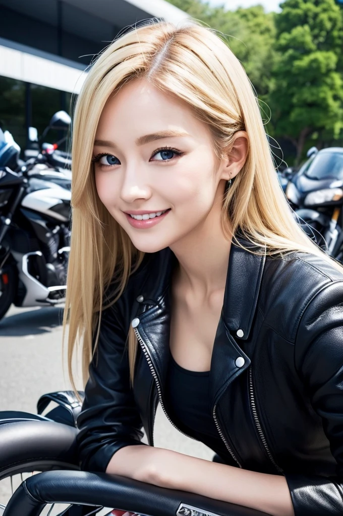 Highest quality, Ultra-high resolution, (Realistic:1.4),Black rider jacket、Open chest black T-shirt、Leaning forward、Japanese、Gal、blonde、blue eyes、cute、smile、A large motorcycle in the background