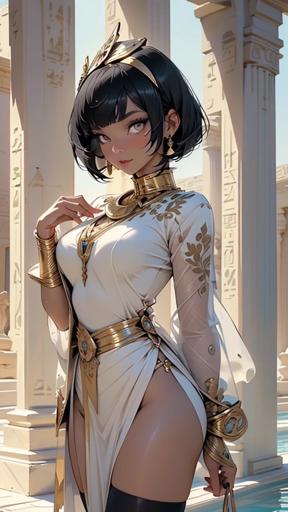 girl from ancient Egypt,1girl,necklace,((((black race)))),(((tan,dark skin,black skin:1.35,dark-skinned_female,dark skin:1.3,ebony skin))),
(large breasts:1.4),((((Medium hair, Bob haircut,((black straight hair)),bang:1.5,colored inner hair)))),(((golden_eyes:1.3))),intricate eyes,beautiful detailed eyes,symmetrical eyes,((((lustrous skin:1.5,tanned skin,bright skin: 1.5,skin tanned,shiny skin,very shiny skin,shiny body,Reflective skin)))),(spider lower abdomen,narrow waist,wide hip,athletic body,inflated legs,thick thighs,(detailed face)),beautiful detailed lips,
cute,slutty,sensual,seductive look,seductive,((erotic)),opulent,sumptuous,((nsfw)),
cleopatra,(((Egyptian goddess))),Isis,Egyptian mythology,expression of evil,Egyptian clothing,queen of the Egyptian,majesty,beauty body,,Egyptian style,perfect flesh full of texture,egyptian tiara:1.5,nemes:1.3,zettai ryouiki,revealing clothing,show skin,cleavage,((egyptian outfit)),((intricate egyptian outfit)),egyptian accessories,(egyptian jewelry in her arms),usekh collar,earrings,(((hair tubes))),(((eyeshadow,egyptian makeup,eyelid makeup))),(((pelvis curtain))),(((wet clothes,intricate outfit,embroidered outfit,ornate outfit,intricate cloth,embroidered cloth,ornate cloth))),
(flirtatious pose:1.3), looking at viewer,embarrassed,centered,scale to fit dimensions,Rule of thirds,
((beautiful bath house made of egyptian marble and pillars, beautiful clear water in pool)),scenery:1.25,((intricate scenery)),((egyptian temple background)),
(Glossy Egyptian ornaments),highres,sharp focus,(ultra detailed,extremely detailed),(photorealistic artwork:1.37),(extremely detailed CG unity 8k wallpaper),(((vibrant colors,vibrant theme))),(intricate),(masterpiece),(best quality),artistic photography,(photography taken by sldr),(intricate background),perfect rendered face,perfect face details,realistic face,photo realistic,((intricate detail)),(((realism))),