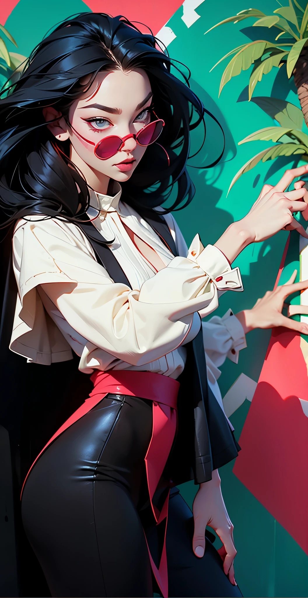 woman in a dress standing in front of simple background, up close, ((Art style by Patrick Nagel)), ((8k, wallpaper, detailed)), dark sunglasses, korean pop-star, black hair, pretty hands, fringe, simple red background, palm trees, (graffiti wall:1.2), strong, courageous, art by Patrick Nagel, album art cover