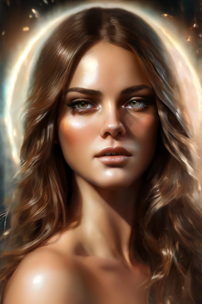 With a look of surprise, a woman gazes at the viewer with eyes widened in awe. Mark Brooks and Brad Kunkle, known for their exceptional work on CGSociety, have crafted a promotional image featuring immaculate makeup and a goddess-like presence. This stunning painting showcases intricate details, from the intricate brushstrokes capturing the woman's expression to the ethereal glow emanating from her immaculately rendered features. The use of the Unreal Engine render adds a layer of realism and depth to the image, elevating it to a level of unparalleled beauty and artistry.