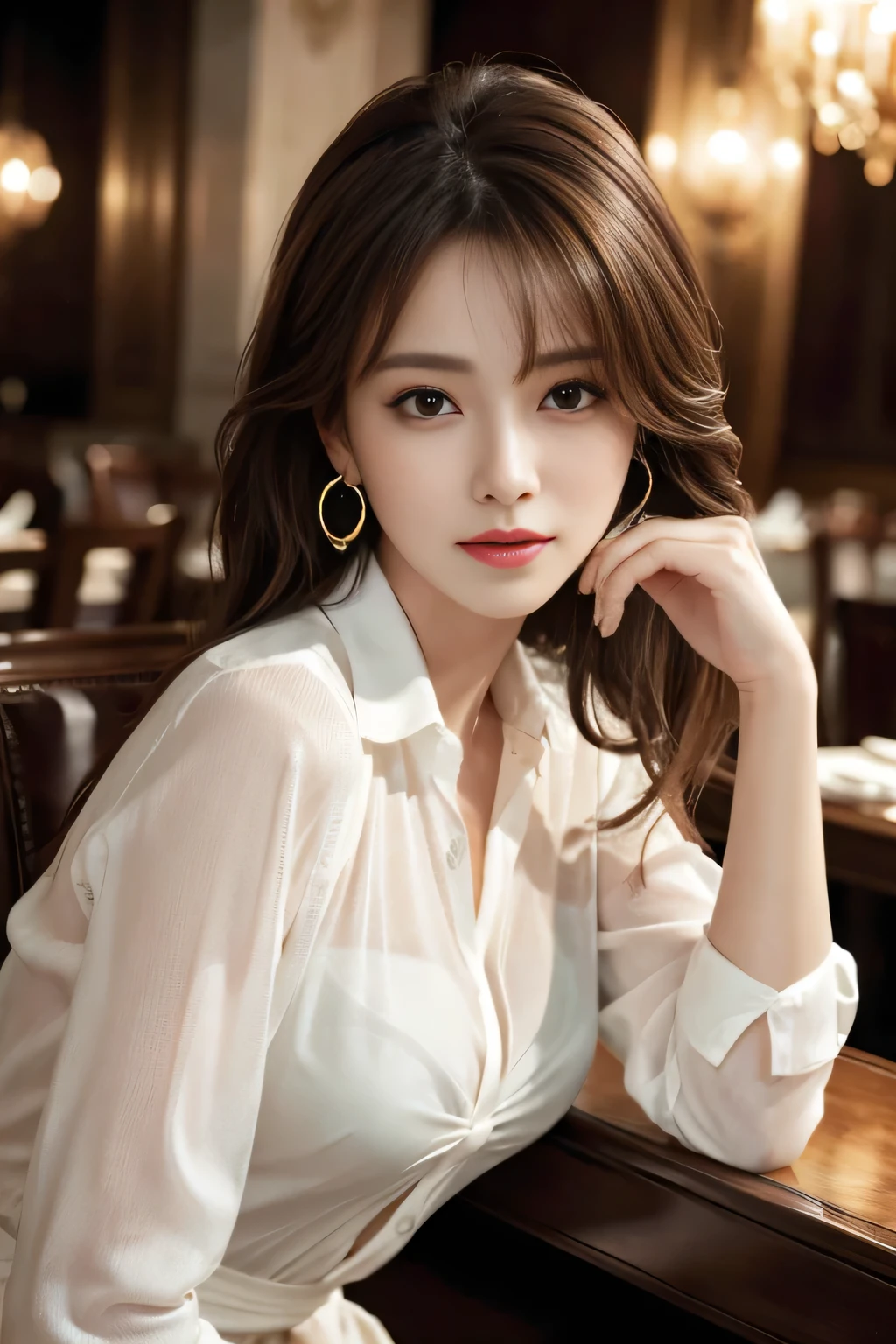 masterpiece, Highest quality, Realistic, Very detailed, Finer details, High resolution, 8k wallpaper, One beautiful woman, Wear an elegant see-through shirt, In a great restaurant, At night, Light brown messy hair, Perfect dynamic composition, Beautiful and beautiful eyes、Big earrings、Sit on a chair、