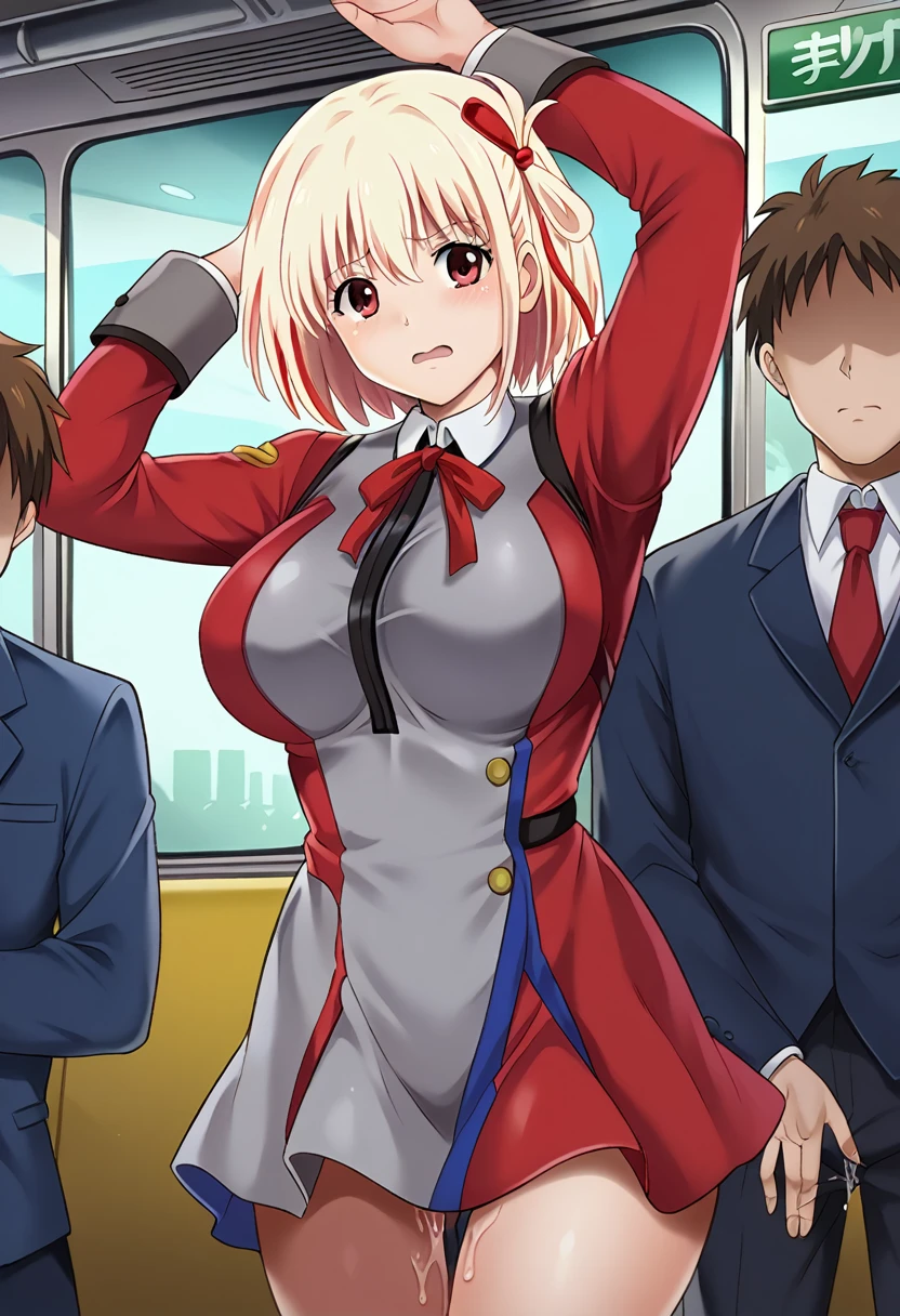 masterpiece, Highest quality, 1 person,( Large Breasts,Are standing, View your audience,),Detailed Background、A person who writes in detail、Accurate human body、Knowledgeable person、Accurate 5 fingers,Mature Woman,Thighsが太い,Cruby Body, Nishikigi chisato, bob cut, hair ribbon,wrist above head,cyclone \(for once\),Long sleeve、Thighs、alone,((lycoris uniform, two-tone dress, red dress, grey dress, neck ribbon, long sleeves,short skirt)),((zettairyouiki)),,TranT, (train interior), netorare, chikan, grabbing, hetero, pussy juices, molestation, public indecency, public use,faceless male fingering, 2boys, faceless male, assisted exposure,