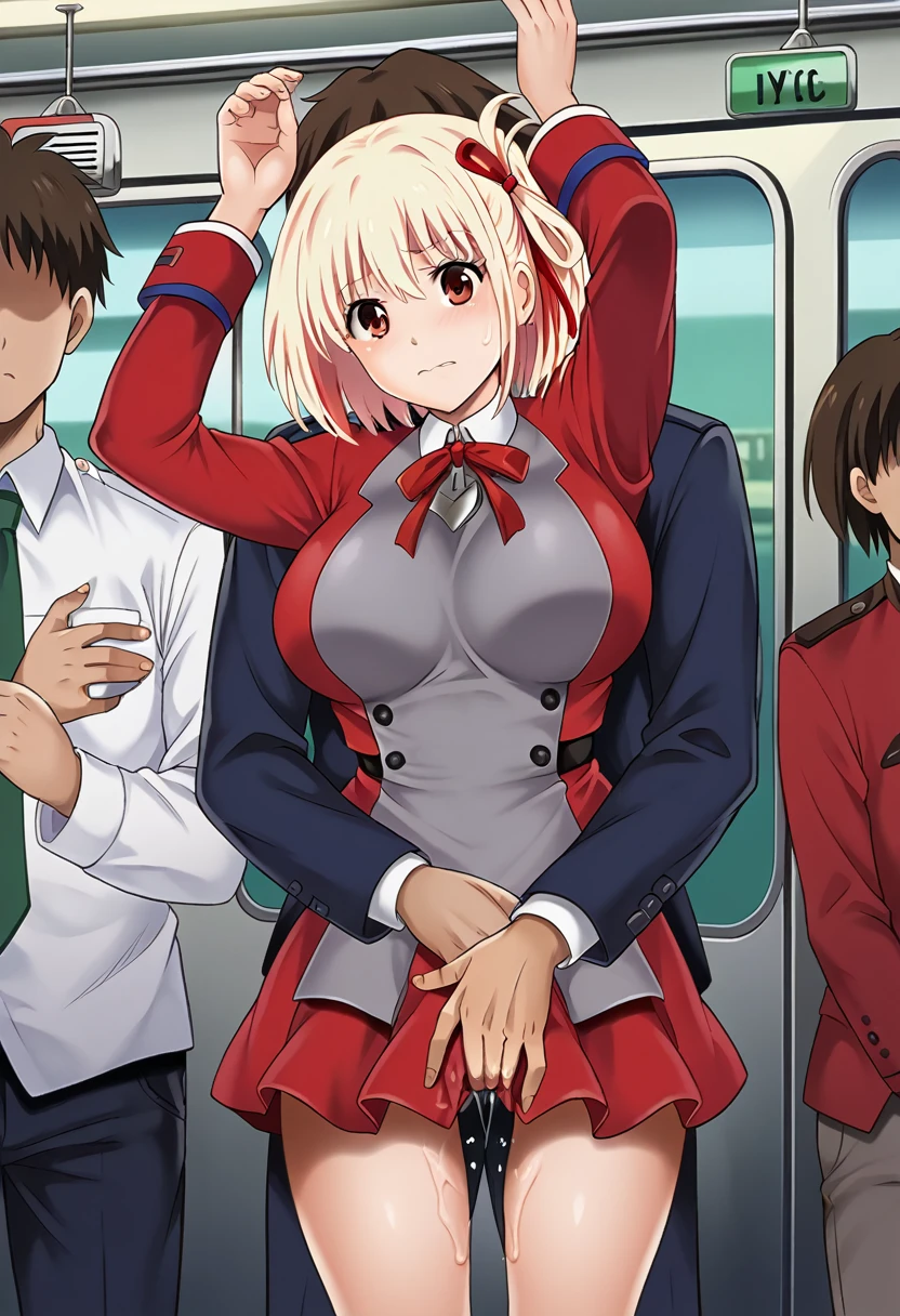 masterpiece, Highest quality, 1 person,( Large Breasts,Are standing, View your audience,),Detailed Background、A person who writes in detail、Accurate human body、Knowledgeable person、Accurate 5 fingers,Mature Woman,Thighsが太い,Cruby Body, Nishikigi chisato, bob cut, hair ribbon,wrist above head,cyclone \(for once\),Long sleeve、Thighs、alone,((lycoris uniform, two-tone dress, red dress, grey dress, neck ribbon, long sleeves,short skirt)),((zettairyouiki)),,TranT, (train interior), netorare, chikan, grabbing, hetero, pussy juices, molestation, public indecency, public use,faceless male fingering, 2boys, faceless male, assisted exposure,