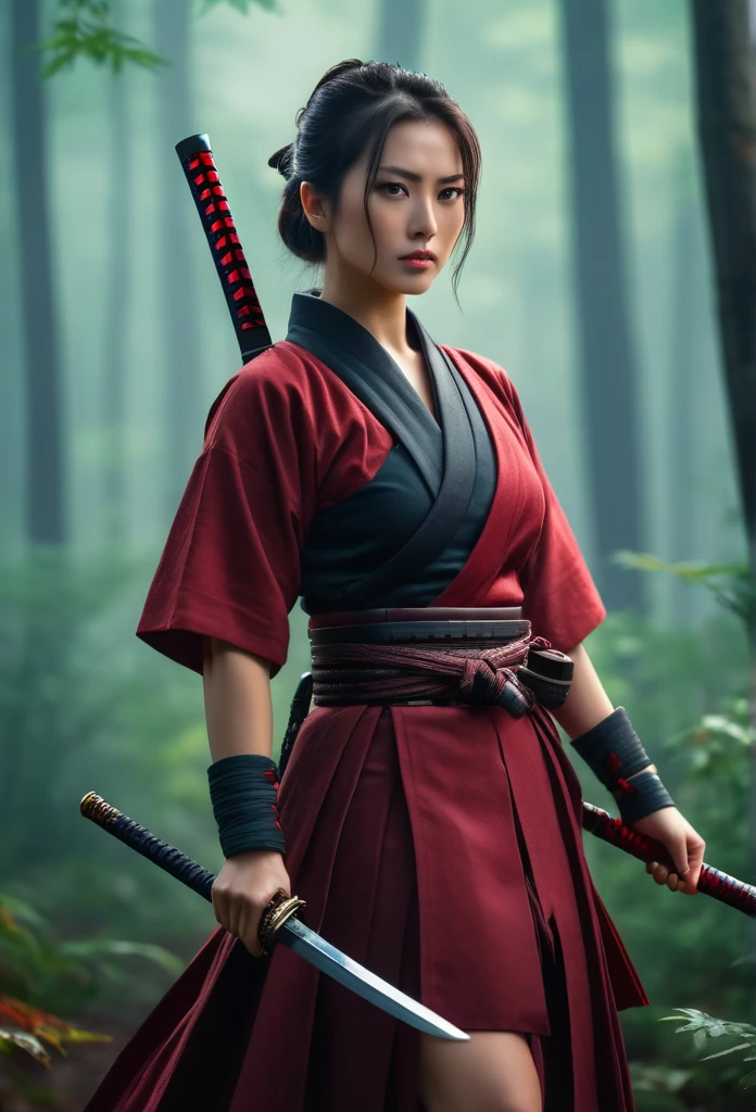 Hold the sword and open the scabbard.Handsome female warrior wearing dark red skirt, misty forest background.bokeh background.portrait,(best quality,4K,8K,high resolution,masterpiece:1.2) Art Station Contest Winners, fantasy art, female warrior, very beautiful cyberpunk samurai, Samurai sword, beautiful female warrior, beautiful female warrior, warrior princess, warrior girl, beautiful figure painting, she is holding a Samurai sword sword, japanese samurai, Ono City