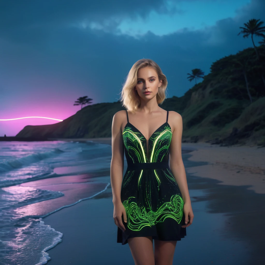 Design A woman with medium length blonde hair wearing a dress with neon lighting details, standing on a beach in London, ultra-realistic face, masterpiece, photorealistic, professional, 8K, physically-based rendering, sharp focus, dramatic lighting, dark background, beautiful woman, glamorous dress, 
Design London magical beach scenery