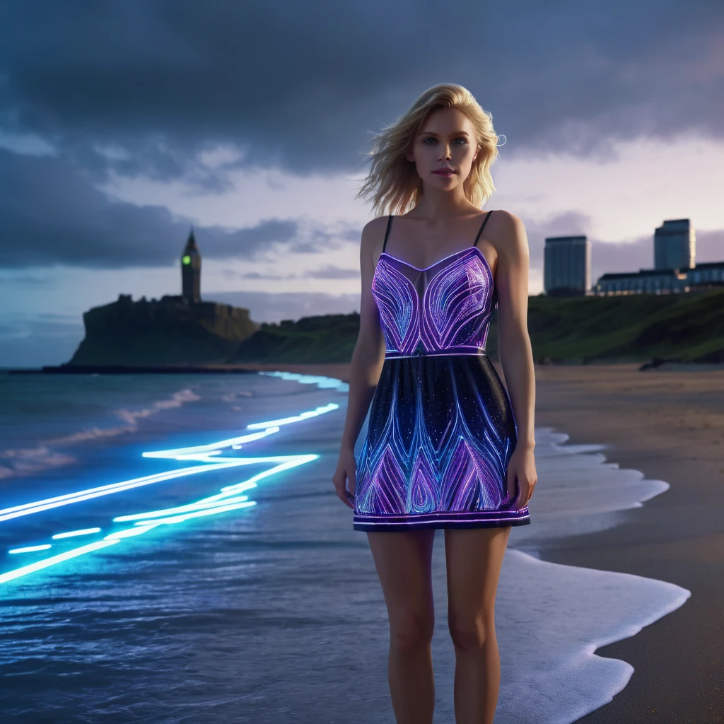 Design A woman with medium length blonde hair wearing a dress with neon lighting details, standing on a beach in London, ultra-realistic face, masterpiece, photorealistic, professional, 8K, physically-based rendering, sharp focus, dramatic lighting, dark background, beautiful woman, glamorous dress, 
Design London magical beach scenery