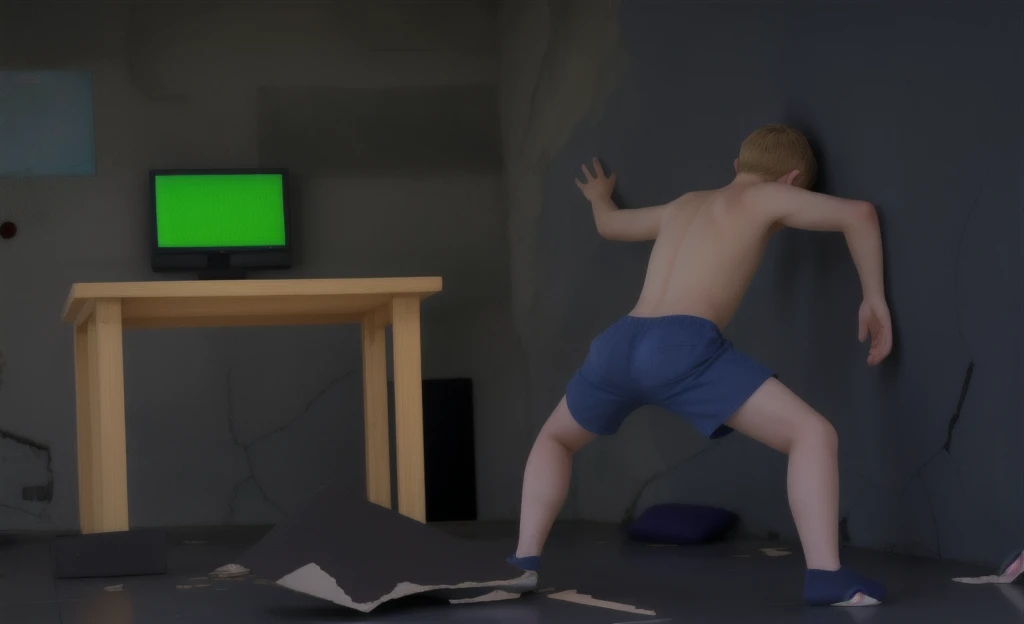 boy standing in room, cracked floor and broken floor