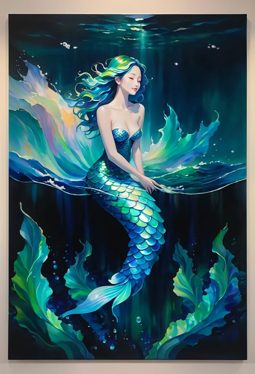 Create an awe-inspiring oil painting that captures the enchanting beauty of a Japanese mermaid gracefully gliding through the depths of the ocean. Using bold and expressive brushstrokes, convey the fluidity and movement of the water as it swirls around the mermaid's ethereal form.

Imagine a scene where the mermaid emerges from the depths, her long, flowing hair cascading like seaweed around her luminous figure. Her eyes shimmer with wisdom and mystery as she gazes into the distance, beckoning viewers into the enchanting world beneath the waves.

With masterful strokes of the brush, depict the intricate details of the mermaid's scales, shimmering with iridescent hues of blue and green. Let the play of light and shadow dance across the canvas, evoking the ever-changing currents of the ocean depths.

In the background, paint a panorama of coral reefs, swaying sea plants, and exotic marine life, creating a vibrant tapestry of color and movement that surrounds the mermaid in her watery domain.

As viewers gaze upon the painting, they are transported into a world of magic and wonder, where the boundary between reality and myth fades away. "Song of the Deep" is not merely a painting—it is a mesmerizing symphony of color, texture, and emotion that celebrates the timeless allure of the sea and the mysterious beauty of the Japanese mermaid.