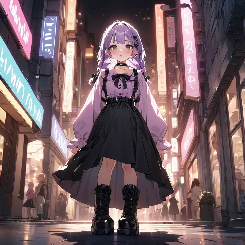 masterpiece, ultra detailed, 8K, solid blue Skyscrapers background, full body shot, Angle looking up from below.happy, a girl, kawaii, light atmosphere, mysterious atmosphere, (Cute a girl:1.5), (a girl with closs hair pin,pale purple hair,wavy two braids,bluntbangs hair,green and black eyes,
pink shirt,cosplay, jirai kei, bangs, black skirt, black bow, looking at viewer, bow, long sleeves, choker, ribbon,pink lips,Thick-soled boots,fullbody shot :1.4),boots focus,
(masterpiece:1.3), anime visual, (Lovey-dovey:1.5), (tilt head:1.3), extremely delicate face, soft clean focus, realistic lighting and shading, (an extremely delicate and beautiful art:1.3), elegant, (muted colors:1.1), small breast,slim,Sitting on a carry-on bag in Akihabara's pedestrian mall,morning lit,
