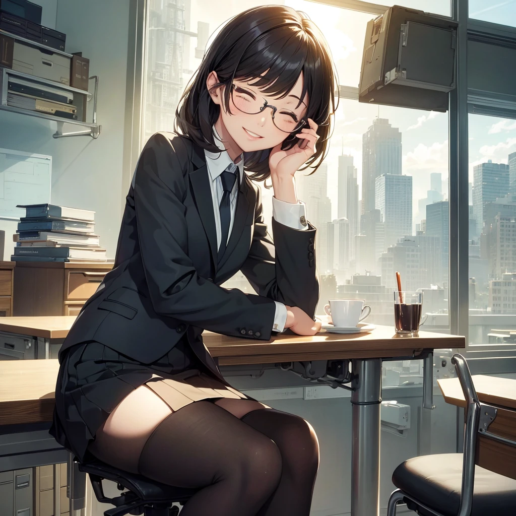 masterpiece,highres,high quality,extremely detailed,solo,
1girl,
one eye closed,head tilt,smile,parted lips,
eyewear,office_lady,skirt_suit,sunshine,tight skirt,desk,chair,
