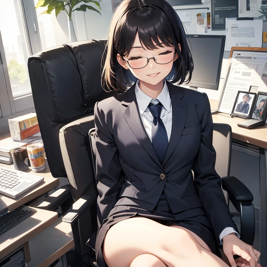 masterpiece,highres,high quality,extremely detailed,solo,
1girl,
one eye closed,head tilt,smile,parted lips,
eyewear,office_lady,skirt_suit,sunshine,tight skirt,desk,chair,