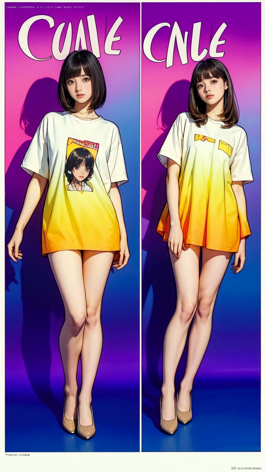 ((masterpiece)),(((Highest quality))),((Character design sheet)),Thin thighs,Long legs,Beautiful 17 year old girl, Big round eyes, (Droopy eyes:1.2), An illustration, art, 70s horror movie posters, Supervised by Junji Ito、High detail, Realistic Shadows、Analog Style, chromatic aberration, Surrealism、Complementary Gradient