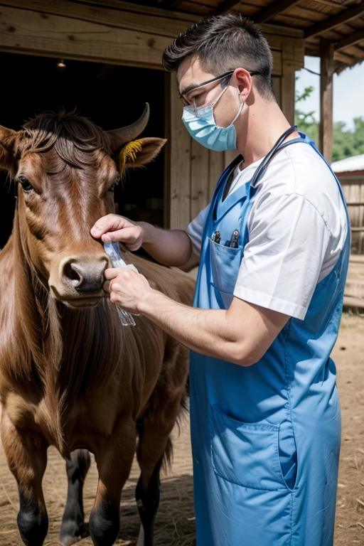 Male veterinarian giving vaccine to an ox