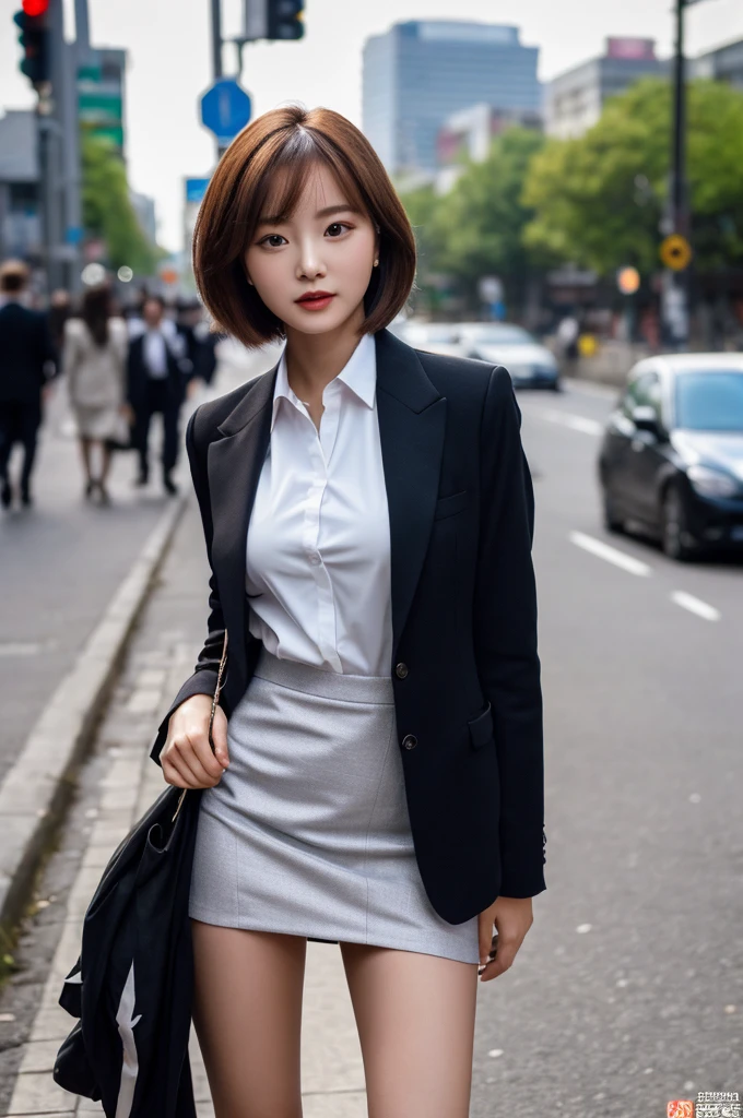 a 20 year old face of the most beautiful actress in the world, the perfect body proportions of a female, tight blazer is worn with formal shirt on female upper body, panties of female crotch between bare legs under short skirt are seen just a little, the female short hair cut is just like male one, standing, at the city street, nsfw, best quality, highly detailed, masterpiece, ultra high res, photo realistic, 8k