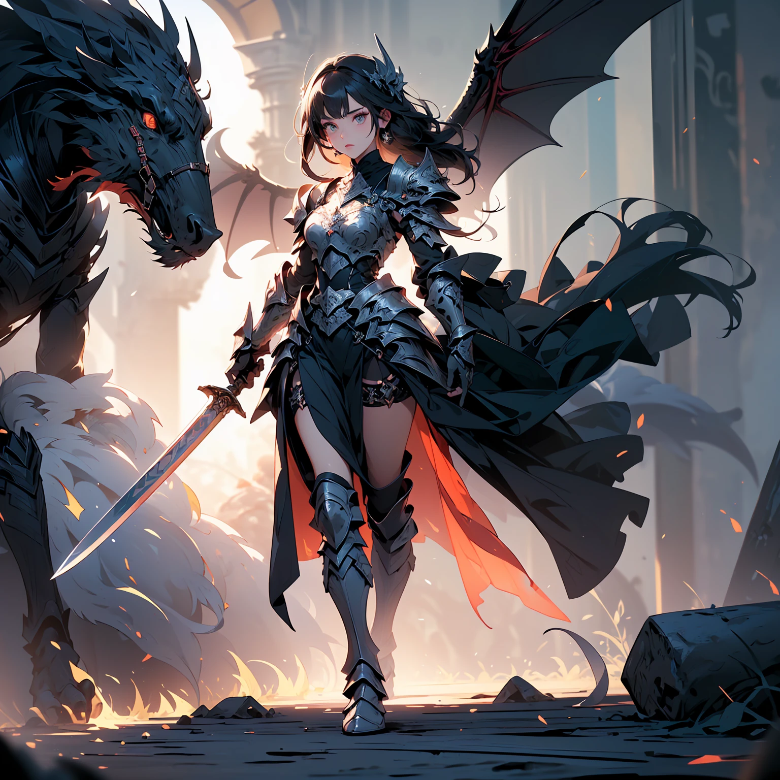 (((masterpiece, best quality, high detailed, 8k))) Design a layout showcase Gaming character, (1girl). Black dragon armor, extremely detailed, stylish and unique. ((showcase weapon:1.4)), shield and sword, with a black fire aura. (masterpiece:1.2), (best quality), 4k, ultra-detailed. (Step by step design, layout art:1.5), (luminous lighting, atmospheric lighting). dragon warrior, ((glove full hands)), (((revealing clothes:1.3))), vambraces, armored legwear, (((full_body_shot:1.4))). {In a fiery battlefield}