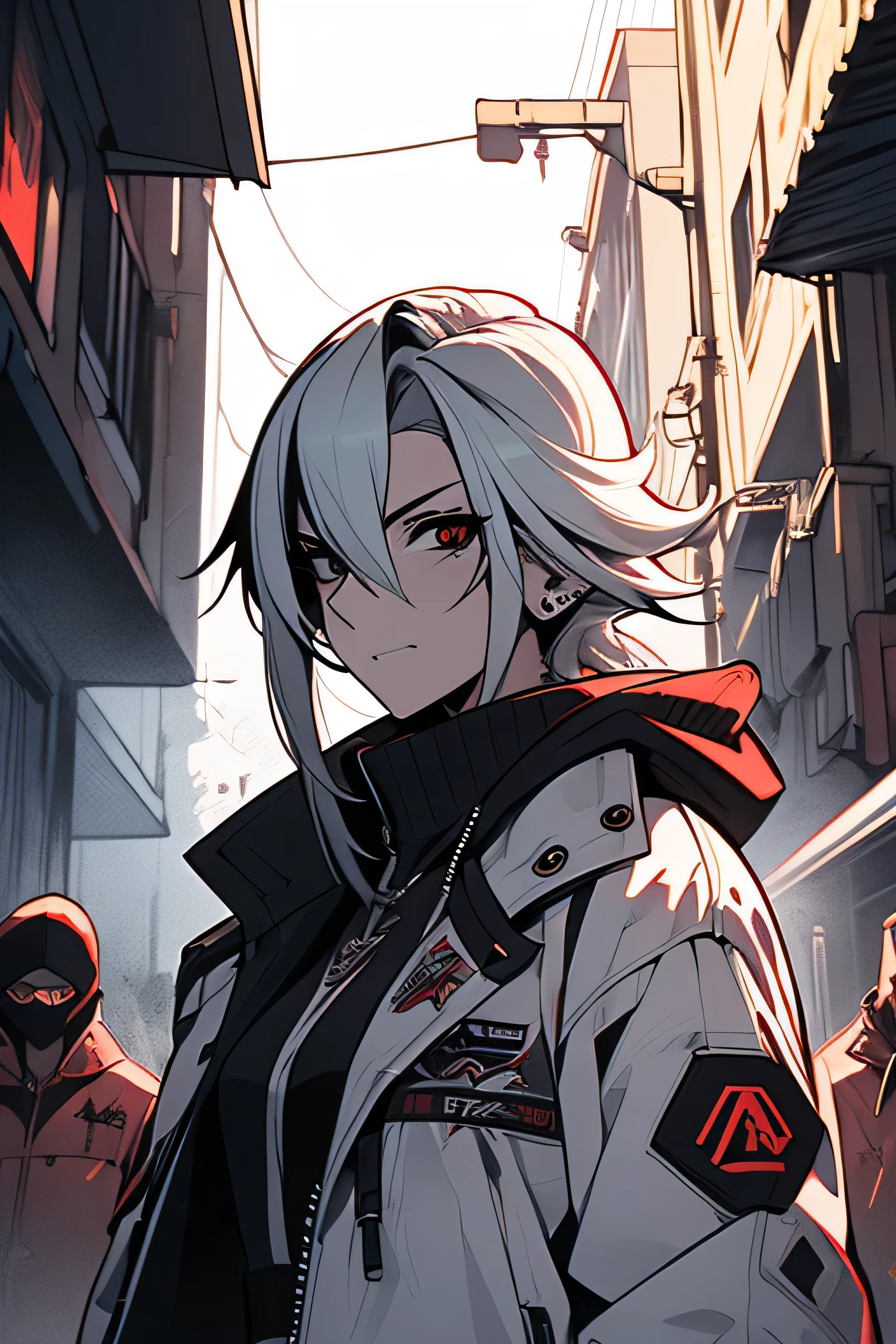 ratatatat74, ((Illustration)), (best quality)), ((masterpiece)), (detailed), anime, chainsaw woman, chainsaw, very sharp teeth, front face, white Jacket, bloody on clothes, male focus, front view, city destroyed,