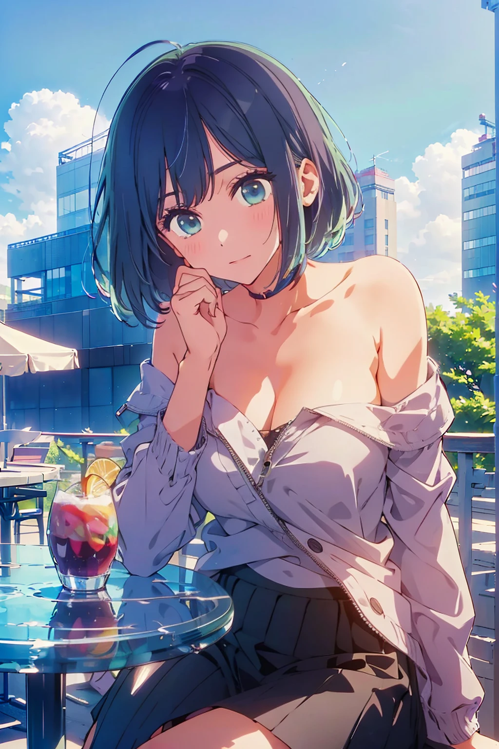 (Highest quality:1.4、8K:1.4、detailed)、F cup bust、Big Breasts、Slim body、Very white beautiful skin、((((1 person、Surprised expression、sit、Chair、In the background are the urban buildings of Tokyo、looking at the camera、Outdoor café terrace、Navy hair color、juice、Shooting up close、Shooting from an angle、table、Very cute face))))、((((nude、Areola))))、(Hand touching cheek pose:1.4、Cheek resting on hand:1.4)、(Off-the-shoulder zip-up jacket)、Very blue sky、A completely cloudless sky
