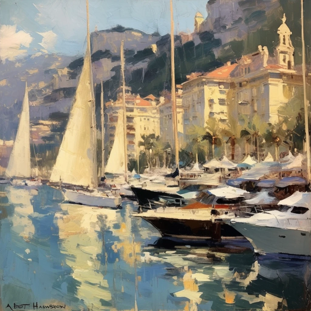 Konstantin Korovin Style - oil painting of a beautiful yacht haven in monaco. Muted colors. Artwork by Abbott Handerson Thayer.