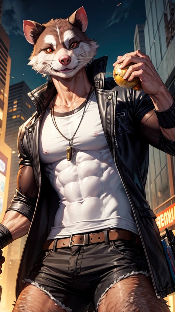 An anthropomorphic possum, muscular and sexy, in the clothes of a rebellious man from the apocalypse.