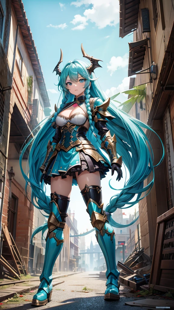 Girl with long cyan hair and double braids，Dragon Horn，Dragon Wings，tights，Cyan armor，cleavage，Iron skirt，，iron boots，Great sword，Standing，ruined city